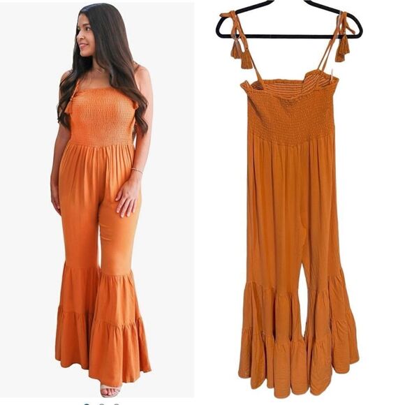 Main Strip- Women’s Golden Mustard Maggie Festival Smocked Jumpsuit Wide Leg, Lg - Picture 1 of 16